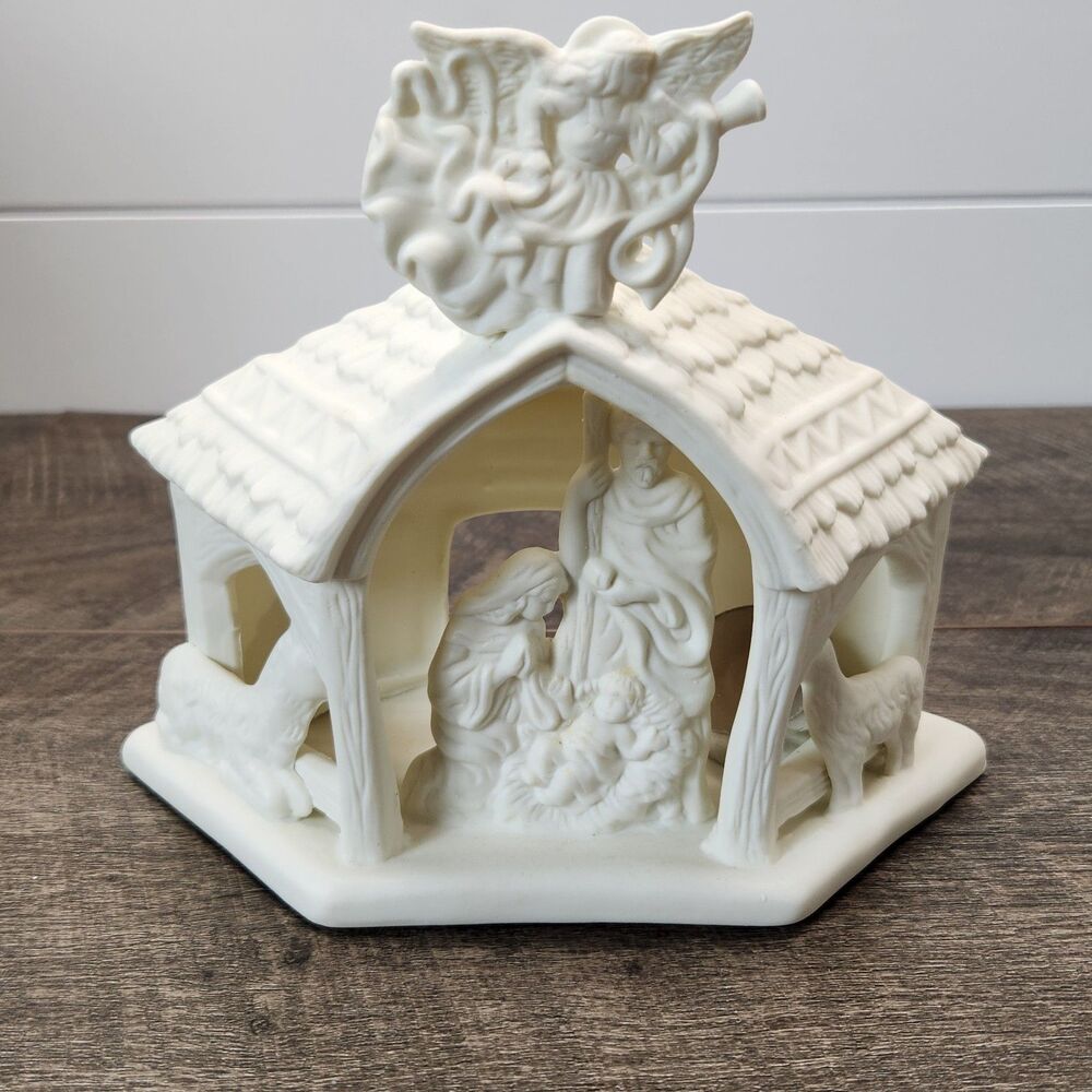 PartyLite Bisque Porcelain 7312 "O Little Town" Tealight Candle Nativity W/Box